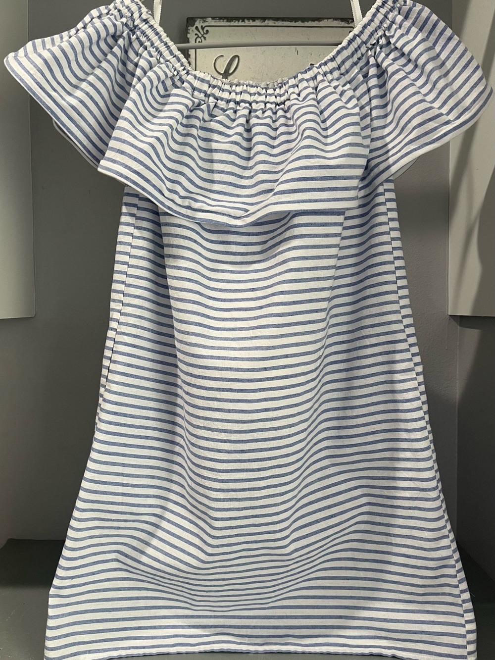 Women Blue and White Striped Off-Shoulder linen dress